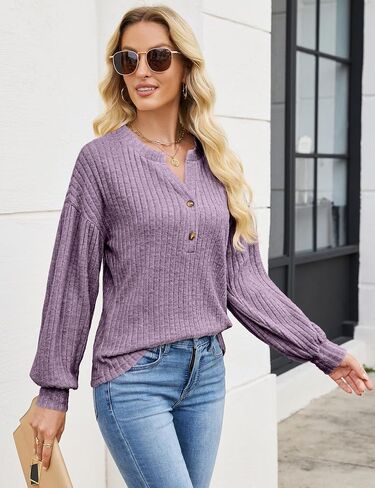 Edelqual Long Sleeve Shirts for Women Casual Fall Tops Henley V Neck Light Sweaters Tunic 2025 Fashion Trendy Clothes in Saudi Arabia