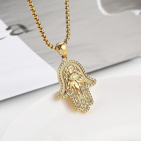 AsAlways Stainless Steel Hand of Fatima Pendant Vintage Amulet Charm Relief Carving Evil Eye Hamsa Hand Necklace Religious Gifts in Saudi Arabia