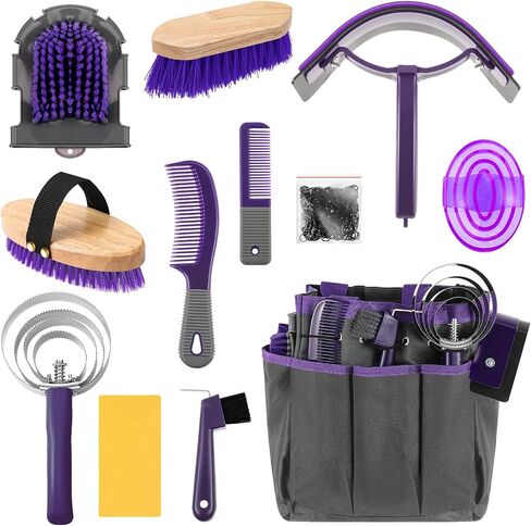 Abbylike 12 قطعة طقم للخيول مع منظم مع حقيبة Tack Room Supplies مجموعات فرشاة الخيول مجموعة Cyning Cleaning أدوات تدليك الأدوات (الوردي والرمادي) in Saudi Arabia