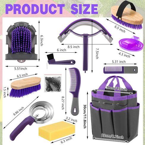 Abbylike 12 قطعة طقم للخيول مع منظم مع حقيبة Tack Room Supplies مجموعات فرشاة الخيول مجموعة Cyning Cleaning أدوات تدليك الأدوات (الوردي والرمادي) in Saudi Arabia