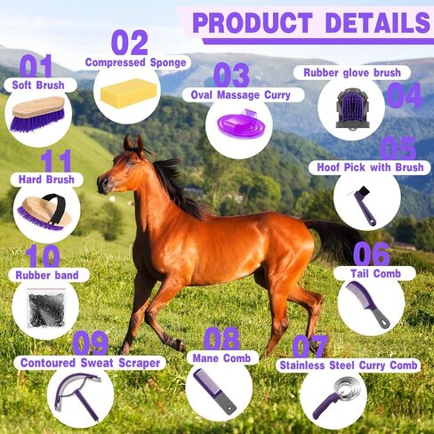 Abbylike 12 قطعة طقم للخيول مع منظم مع حقيبة Tack Room Supplies مجموعات فرشاة الخيول مجموعة Cyning Cleaning أدوات تدليك الأدوات (الوردي والرمادي) in Saudi Arabia