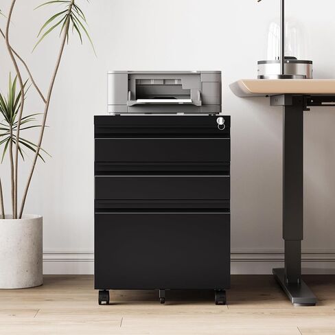 3 Drawer File Cabinet，Mobile Filing Cabinet with Lock and Wheels，Un-Assembled Metal Under Desk File Cabinets for A4/Letter/Legal Size（Black in Saudi Arabia