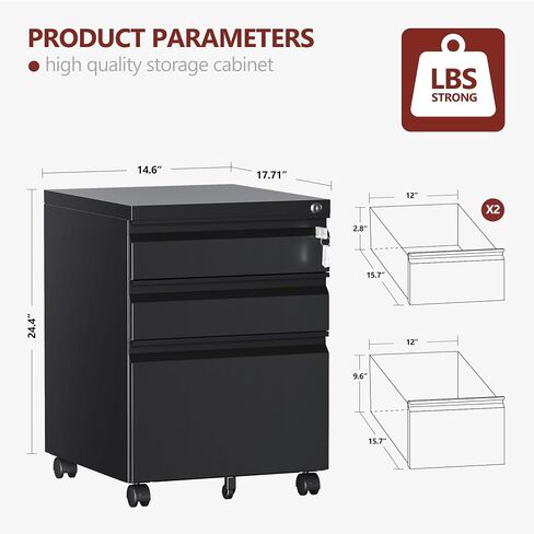 3 Drawer File Cabinet，Mobile Filing Cabinet with Lock and Wheels，Un-Assembled Metal Under Desk File Cabinets for A4/Letter/Legal Size（Black in Saudi Arabia