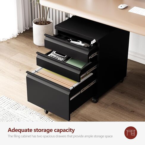 3 Drawer File Cabinet，Mobile Filing Cabinet with Lock and Wheels，Un-Assembled Metal Under Desk File Cabinets for A4/Letter/Legal Size（Black in Saudi Arabia