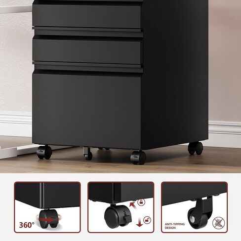 3 Drawer File Cabinet，Mobile Filing Cabinet with Lock and Wheels，Un-Assembled Metal Under Desk File Cabinets for A4/Letter/Legal Size（Black in Saudi Arabia