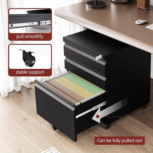 3 Drawer File Cabinet，Mobile Filing Cabinet with Lock and Wheels，Un-Assembled Metal Under Desk File Cabinets for A4/Letter/Legal Size（Black in Saudi Arabia