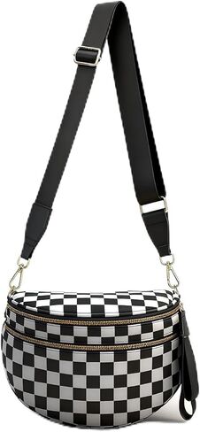 حقائب كروس سوداء مربعة للنساء حقيبة واسعة من النايلون هوبو بوم حقيبة يومية محفظة فاني حقيبة كروس عصرية للسفر للنساء (مربعات باللونين الأسود والأبيض) in Kuwait