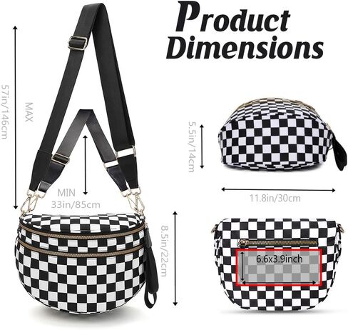 حقائب كروس سوداء مربعة للنساء حقيبة واسعة من النايلون هوبو بوم حقيبة يومية محفظة فاني حقيبة كروس عصرية للسفر للنساء (مربعات باللونين الأسود والأبيض) in Kuwait