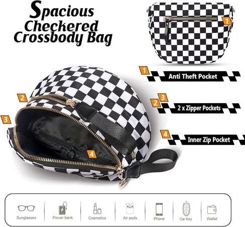 حقائب كروس سوداء مربعة للنساء حقيبة واسعة من النايلون هوبو بوم حقيبة يومية محفظة فاني حقيبة كروس عصرية للسفر للنساء (مربعات باللونين الأسود والأبيض) in Kuwait