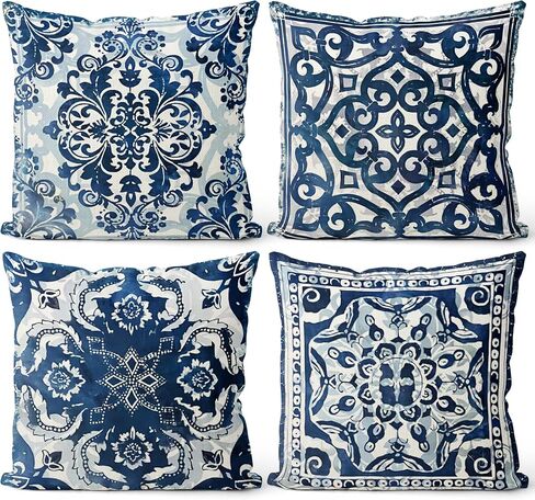 Blue Throw Pillow Covers - Linen Blue Pillow Covers 18x18 Set of 4, Decorative Blue and White Pillow Covers, Chinoiserie Pillow Cover, Chinoiserie Decor in Saudi Arabia