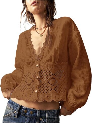 Floerns Women's Western Hollow Out Blouse Deep V Neck Button Up Long Sleeve Shirts in Kuwait