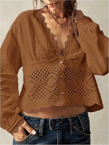 Floerns Women's Western Hollow Out Blouse Deep V Neck Button Up Long Sleeve Shirts in Kuwait