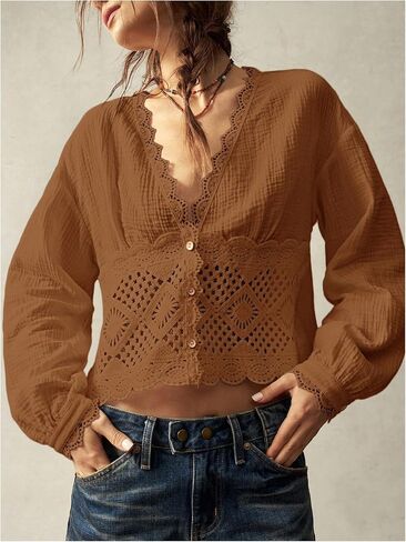 Floerns Women's Western Hollow Out Blouse Deep V Neck Button Up Long Sleeve Shirts in Kuwait