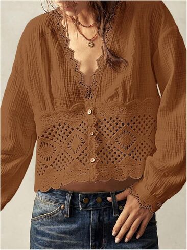 Floerns Women's Western Hollow Out Blouse Deep V Neck Button Up Long Sleeve Shirts in Kuwait