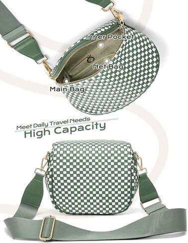 Trendy Woven Checkered Crossbody Bum Bag for Women，PU Leather Checkered Purse Fanny Packs Belt Bag (Woven Bum Bag - Black-Brown) in Kuwait