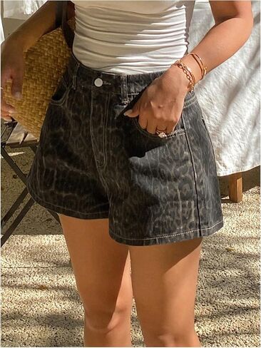 SOLY HUX Women's Leopard Print Wide Leg Jean Shorts Y2k High Waisted Loose Denim Shorts Streetwear in Kuwait
