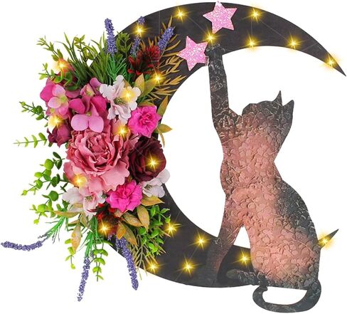Halloween Moon Cat Wreaths for Front Door, 2025 New Black Cat Crescent Moon Wreath, Cute Cat Garland Halloween Door Decorations for Outdoor Indoor Decor Wall Window Home Party in Kuwait