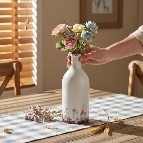 LOMANDA Handmade Ceramic Vase with 2 Handles, Rustic Farmhouse Flower Vase for Table Shelf Decor White Ceramic Vases Boho Decorative for Living Room Bedroom Kitchen Centerpiece Decorations, 8 inch in Saudi Arabia