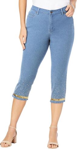 Roaman's Women's Plus Size Sequin Trim Straight Leg Capri Jean in Saudi Arabia