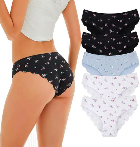 Seamless Underwear for Women Cotton Bikini Flower print Hipster Wavy Sides Invisibles Cheeky Panties 5 Pack in Saudi Arabia