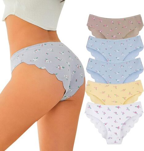 Seamless Underwear for Women Cotton Bikini Flower print Hipster Wavy Sides Invisibles Cheeky Panties 5 Pack in Saudi Arabia