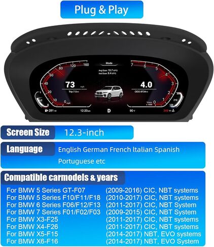 Digital Instrument Cluster Display for BMW 5 6 7 Series(GT,F07,F10,F11,F18,F06,F12,F13,F01,F02,F03)Speedometer Upgrade,12.3"HD screen1920*720,2S Fast Boot,Plug&Play,Non-Destructive Install,OTA Upgrade in Saudi Arabia