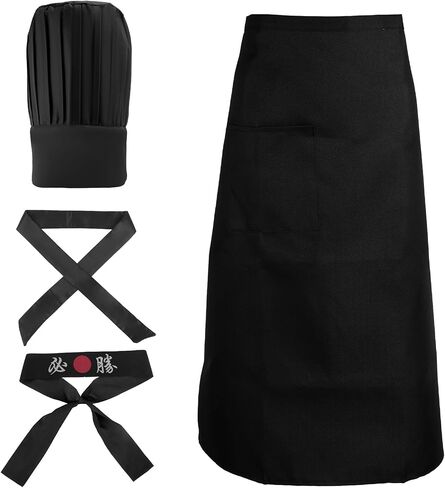 Hibachi Chef Costume Set, Chef Tall Hat and Apron Outfit Set with Headband and Tie Practical Hibachi Costume Party Accessories for Women Men (Black) in Saudi Arabia