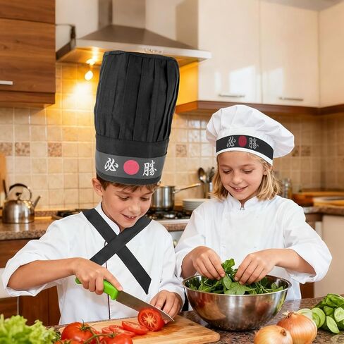Hibachi Chef Costume Set, Chef Tall Hat and Apron Outfit Set with Headband and Tie Practical Hibachi Costume Party Accessories for Women Men (Black) in Saudi Arabia