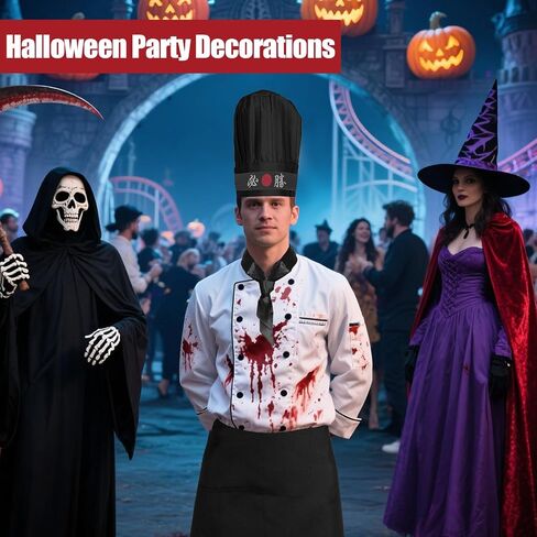 Hibachi Chef Costume Set, Chef Tall Hat and Apron Outfit Set with Headband and Tie Practical Hibachi Costume Party Accessories for Women Men (Black) in Saudi Arabia