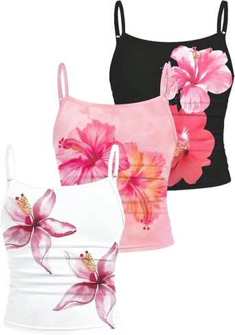 Girl's 3 Packs Cheetah Leopard Floral Tank Top Spaghetti Strap Fitted Summer Cute Camisole Tops in Saudi Arabia
