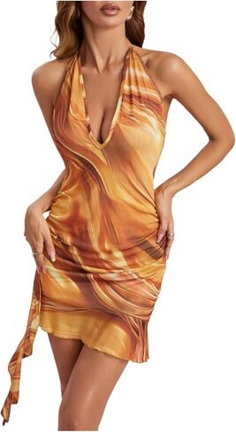 Milumia Women's Ruffle Trim Open Back Halter Dress Low Cut Mini Dresses in Saudi Arabia