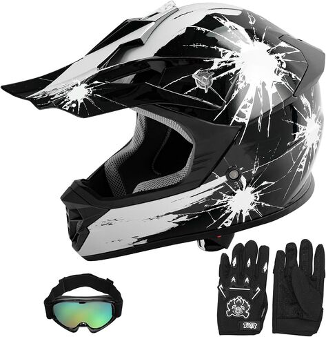 SLMOTO Dot Youth & Kids Motocross Offroad Street Helmet Motorcycle Helmet Dirt Bike Motocross ATV Helmet+Goggles+Gloves, Black Skull Design, Medium in Saudi Arabia