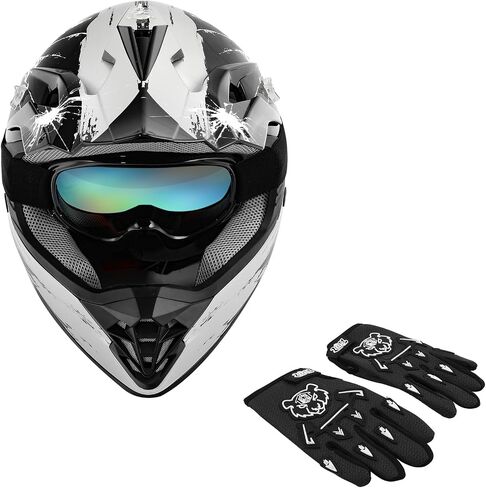 SLMOTO Dot Youth & Kids Motocross Offroad Street Helmet Motorcycle Helmet Dirt Bike Motocross ATV Helmet+Goggles+Gloves, Black Skull Design, Medium in Saudi Arabia