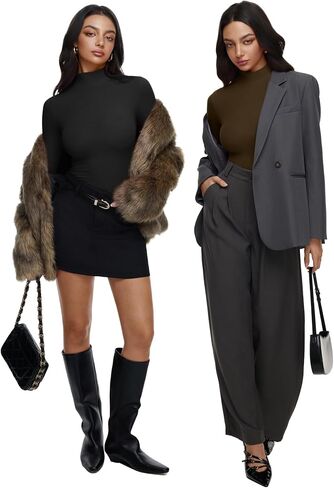 REORIA Women’s Turtleneck Tops Slim Basic Mock Neck Long Sleeve Shirts 2025 Fall Winter Layering Outfits in Kuwait