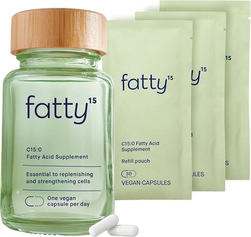 Fatty15 Pure C15:0 مكمل حمض البنتاديكانويك - 3 أضعاف الفوائد الخلوية لأوميجا 3 - مكمل طول العمر - يدعم صحة الأمعاء والكبد والكوليسترول - كبسولات صديقة للنباتيين، عدد 90 in Saudi Arabia