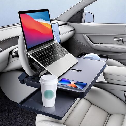 Car Back Seat Tray with Extendable Table, Car Desk for Laptop with Phone Holder, Foldable Trays for Eating & Working, Car Travel Tray Table for Rear Passenger in Kuwait