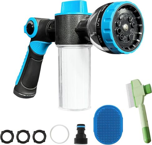 Dog Washing Hose Attachment, 10-in-1 Soap Sprayer Moden Garden Hose Nozzle with 100cc Soap Dispenser, Dog Wash Supplies with Dog Bath Brush & Pet Comb, Foam Gun Car Wash Sprayer (Orange) in Kuwait