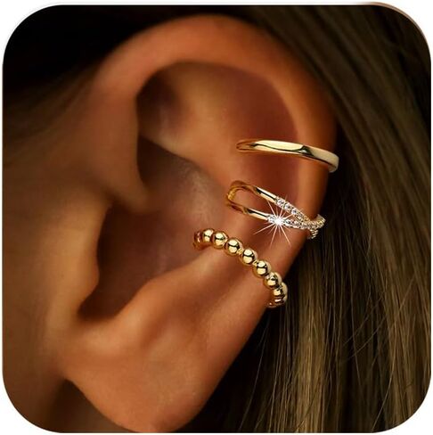 3Pcs Ear Cuffs Non Piercing for Women，14K Gold Plated Hypoallergenic Cuff Earrings Trendy clip Earrings for Women Cartilage Gold Jewelry Gift (Ear Cuffs WO-A) in Kuwait