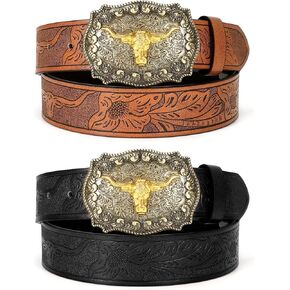 2 Pack Men Women Western Cowboy Cowgirl Belt Longhorn Bull Buckle Floral Embossed Country Belt for Jeans Dresses in Kuwait