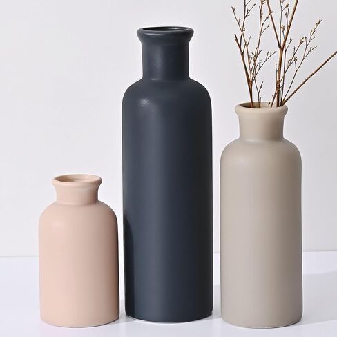 مجموعة مزهرية سيراميك مكونة من 3 قطع، مزهرية مزرعة حديثة، مزهرية زهور صغيرة محايدة للطاولة وغرفة المعيشة والرف ورف الكتب وديكور المدخل (متعدد الألوان-3 قطع طراز B) in Kuwait