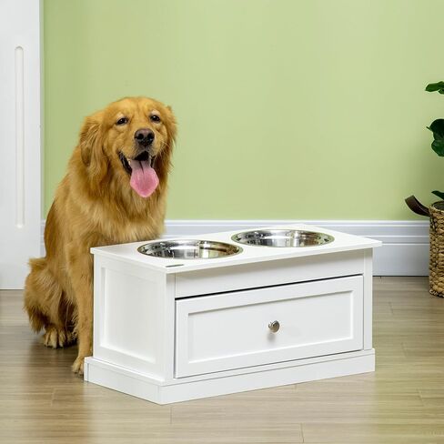 PawHut Large Elevated Dog Bowls with Storage Drawer - 11L Capacity, Raised Dog Bowl Stand Feeding Station, White in Saudi Arabia