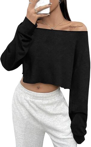 SOFIA'S CHOICE Women's Off Shoulder Long Sleeve T Shirt Boat Neck Loose Crop Tops in Saudi Arabia