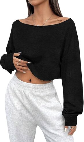 SOFIA'S CHOICE Women's Off Shoulder Long Sleeve T Shirt Boat Neck Loose Crop Tops in Saudi Arabia