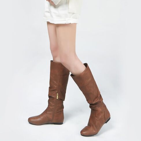 Rollda SUEDI Women's Slouchy Knee High Boots Pull On Flat Boots Side Zipper Fall Boots for Women in Kuwait