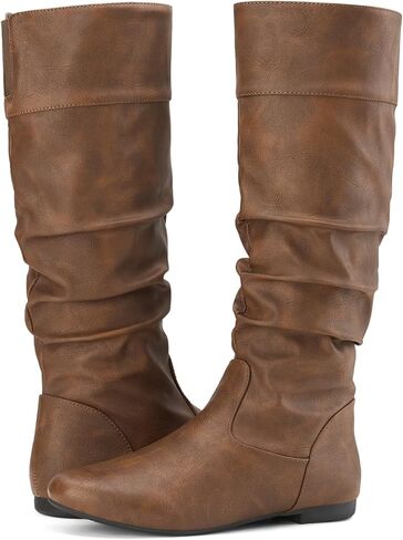 Rollda SUEDI Women's Slouchy Knee High Boots Pull On Flat Boots Side Zipper Fall Boots for Women in Kuwait