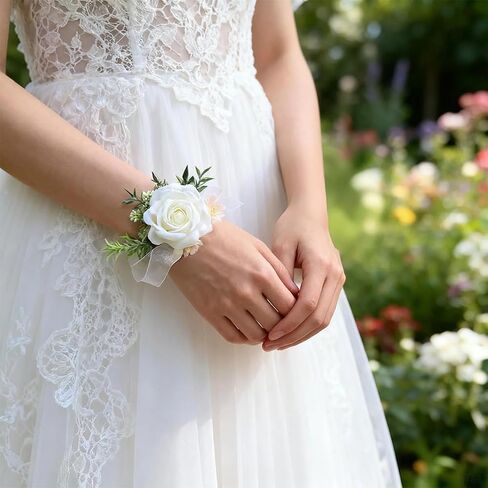 2 حزمة الورود corsage ومجموعة boutonniere ، الزهور الاصطناعية البيضاء ، فرقة معصم القاعدة لحفل الزفاف ، بدلة الحفلة الراقصة (مجموعة من 2) in Saudi Arabia