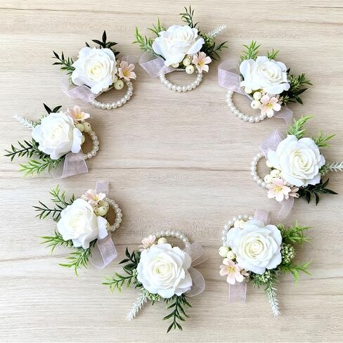 2 حزمة الورود corsage ومجموعة boutonniere ، الزهور الاصطناعية البيضاء ، فرقة معصم القاعدة لحفل الزفاف ، بدلة الحفلة الراقصة (مجموعة من 2) in Saudi Arabia