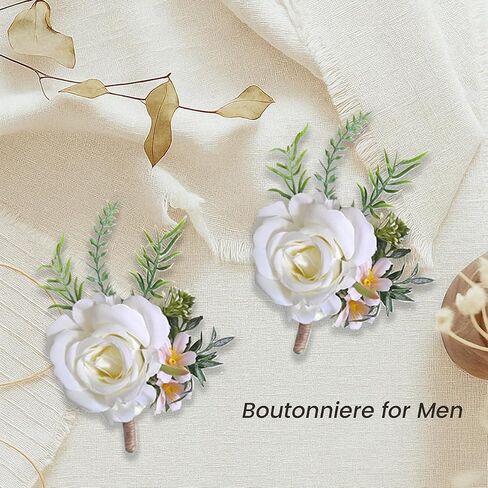 2 Pack Roses Corsage and Boutonniere Set, White Artificial Flowers, Corsage Wristlet Band for Wedding, Prom Suit (Set of 2) in Saudi Arabia