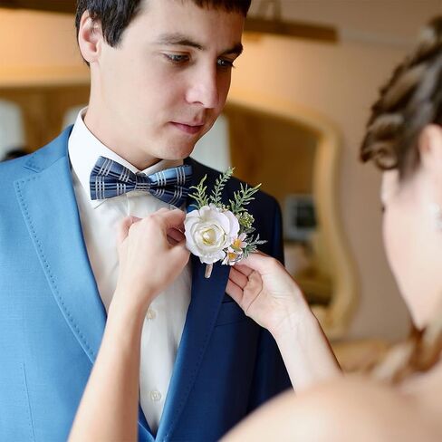 2 Pack Roses Corsage and Boutonniere Set, White Artificial Flowers, Corsage Wristlet Band for Wedding, Prom Suit (Set of 2) in Saudi Arabia