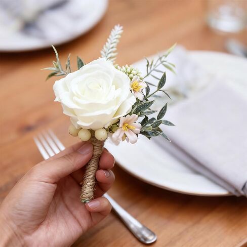 2 Pack Roses Corsage and Boutonniere Set, White Artificial Flowers, Corsage Wristlet Band for Wedding, Prom Suit (Set of 2) in Saudi Arabia